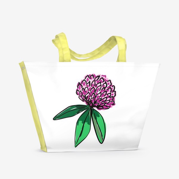 Пляжная сумка «Клевер, розовый бутон с зелеными листьями с черным контуром»