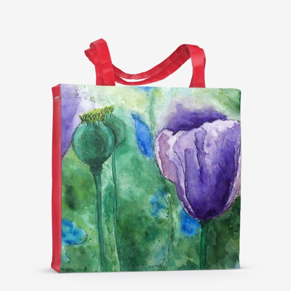 Сумка-шоппер «Акварельные цветы маки на лугу, бутоны и лепестки на фоне травы»