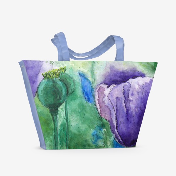 Пляжная сумка «Акварельные цветы маки на лугу, бутоны и лепестки на фоне травы»