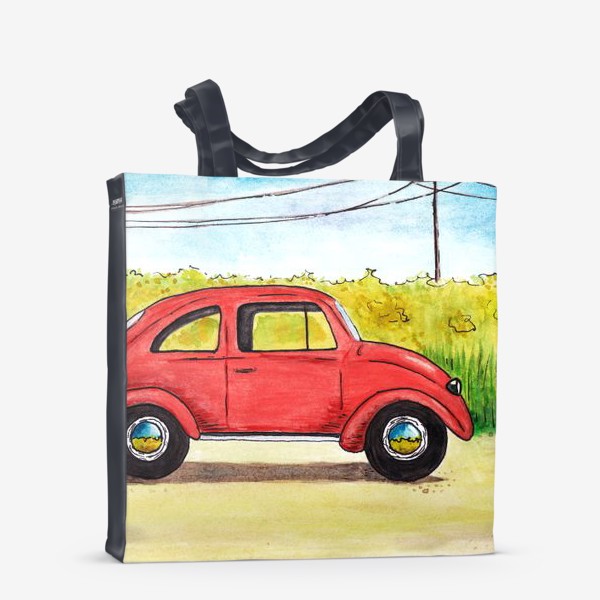 Сумка-шоппер &laquo;Винтажный красный ретро автомобиль на фоне цветочного поля и голубого неба&raquo;