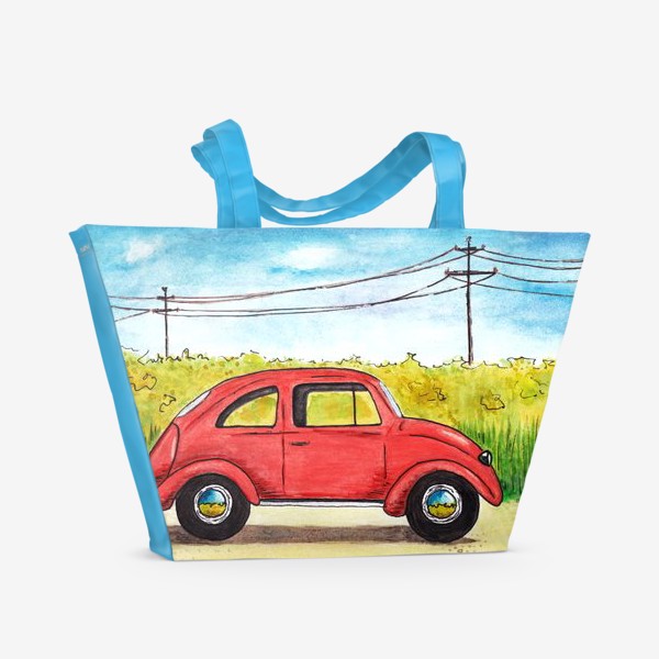 Пляжная сумка &laquo;Винтажный красный ретро автомобиль на фоне цветочного поля и голубого неба&raquo;
