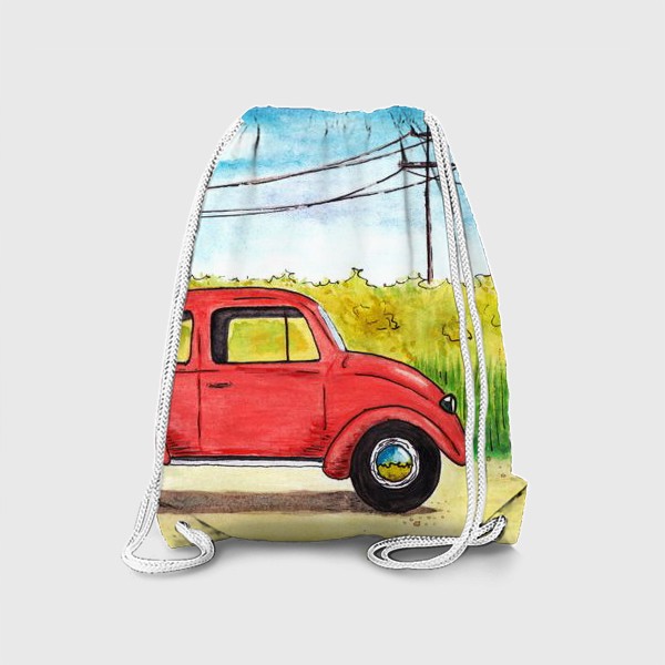 Рюкзак «Винтажный красный ретро автомобиль на фоне цветочного поля и голубого неба»
