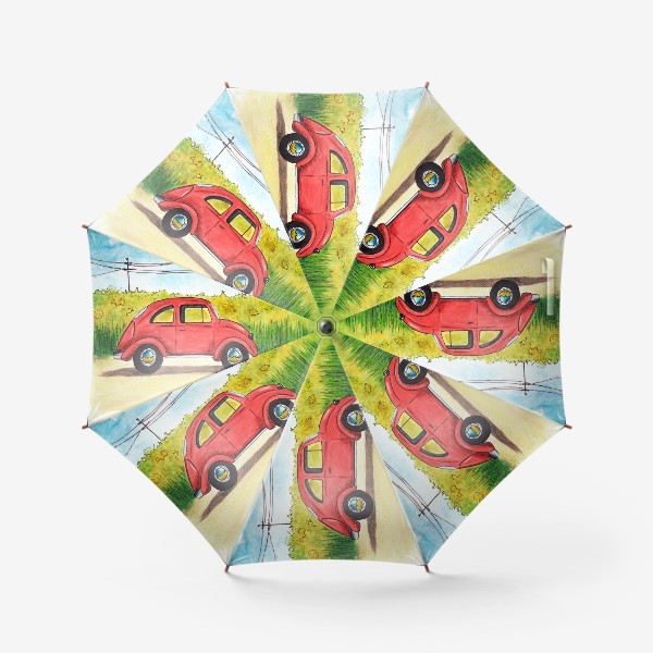 Зонт &laquo;Винтажный красный ретро автомобиль на фоне цветочного поля и голубого неба&raquo;
