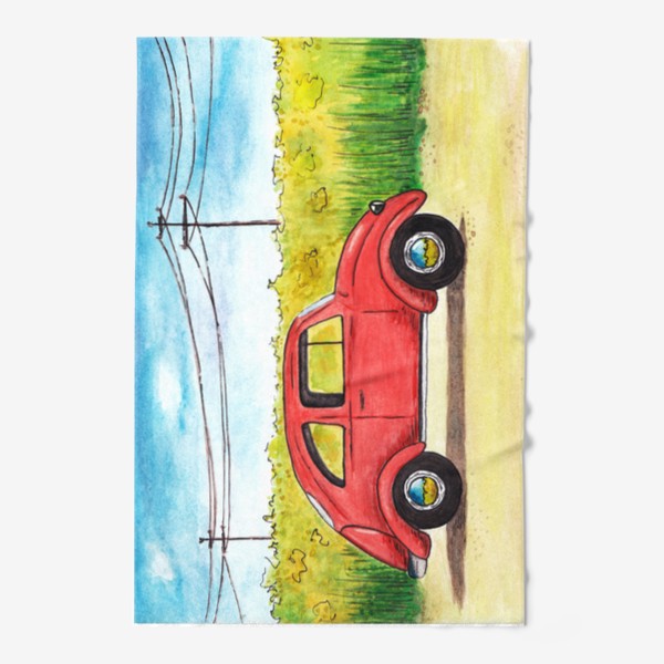 Полотенце «Винтажный красный ретро автомобиль на фоне цветочного поля и голубого неба»