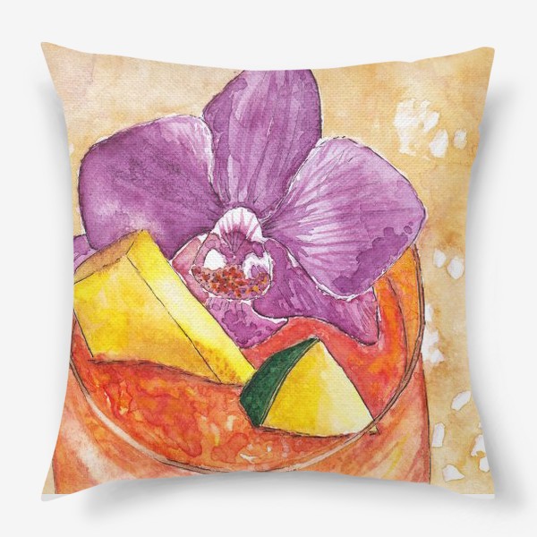 Подушка «Акварельный коктейль с цветком орхидея и кусочками дыни и лайма»