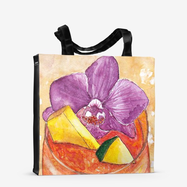 Сумка-шоппер «Акварельный коктейль с цветком орхидея и кусочками дыни и лайма»