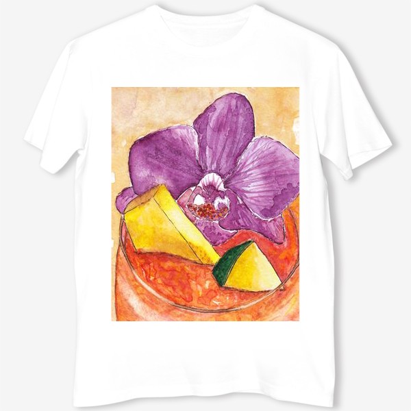 Футболка «Акварельный коктейль с цветком орхидея и кусочками дыни и лайма»