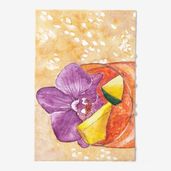 Полотенце «Акварельный коктейль с цветком орхидея и кусочками дыни и лайма»