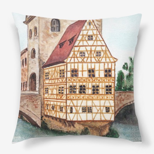 Подушка «Акварельный старый город в Германии, фахверковый дом»