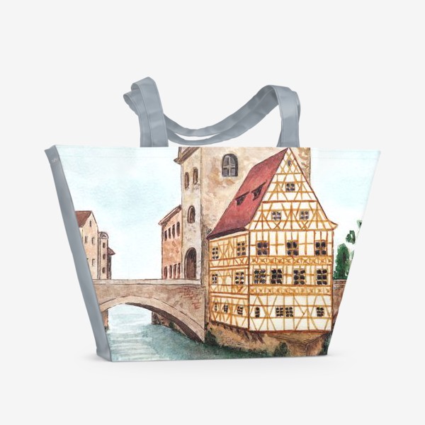 Пляжная сумка &laquo;Акварельный старый город в Германии, фахверковый дом&raquo;