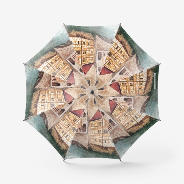 Зонт «Акварельный старый город в Германии, фахверковый дом»