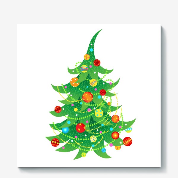 Холст «Новогодняя елка с яркими шарами и бусами»