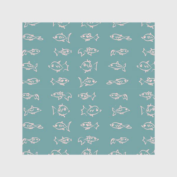 Скатерть «Рыбы нарисованные розовым контуром  на бирюзовом фоне»