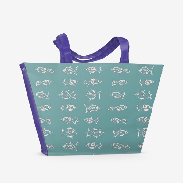 Пляжная сумка «Рыбы нарисованные розовым контуром  на бирюзовом фоне»