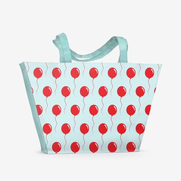 Пляжная сумка «Красные воздушные шарики на веревке на голубом фоне»