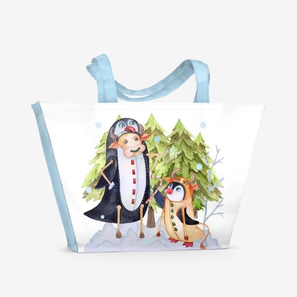 Пляжная сумка &laquo;Год быка. Новогодняя открытка с пингвином и быком.&raquo;