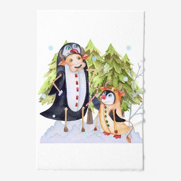 Полотенце «Год быка. Новогодняя открытка с пингвином и быком.»