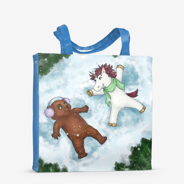Сумка-шоппер «Единорог и медвежонок делают снежных ангелов»