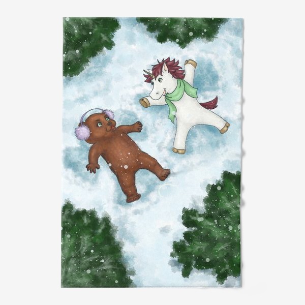 Полотенце «Единорог и медвежонок делают снежных ангелов»