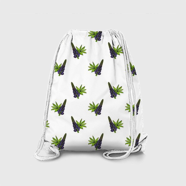 Рюкзак «Цветочный орнамент из синих люпинов и зеленых листьев на белом фоне»