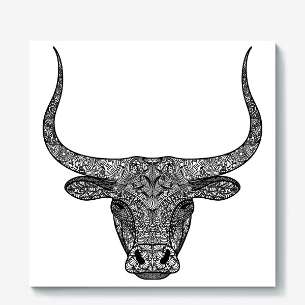 Холст &laquo;Бык длиннорогий. Голова быка с узором в стиле зенарт или дудлинг. Черно-белый принт.&raquo;