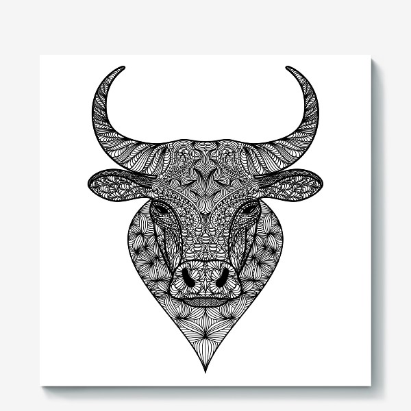 Холст «Узорчатая голова быка. Рисунок быка с этническим орнаментом. Серьезное, брутальное, невозмутимое выражение лица»