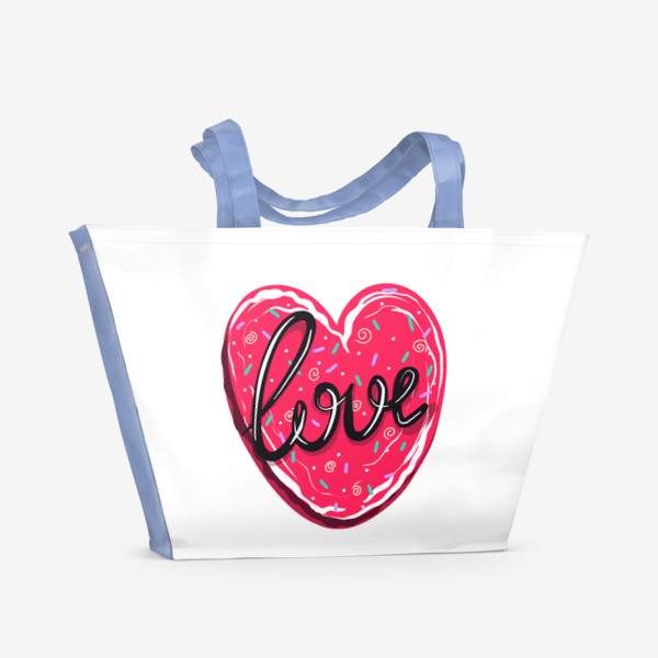 Пляжная сумка «Сладкое сердце с надписью любовь.  Имбирное печенье или кексик на День Святого Валентина»