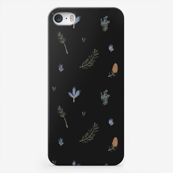 Чехол iPhone «Паттерн еловые веточки. Сосна, ель, можжевельник, шишки, иголки черный фон»