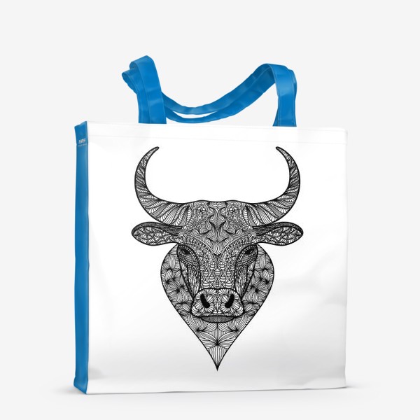 Сумка-шоппер &laquo;Узорчатая голова быка. Рисунок быка с этническим орнаментом. Серьезное, брутальное, невозмутимое выражение лица&raquo;