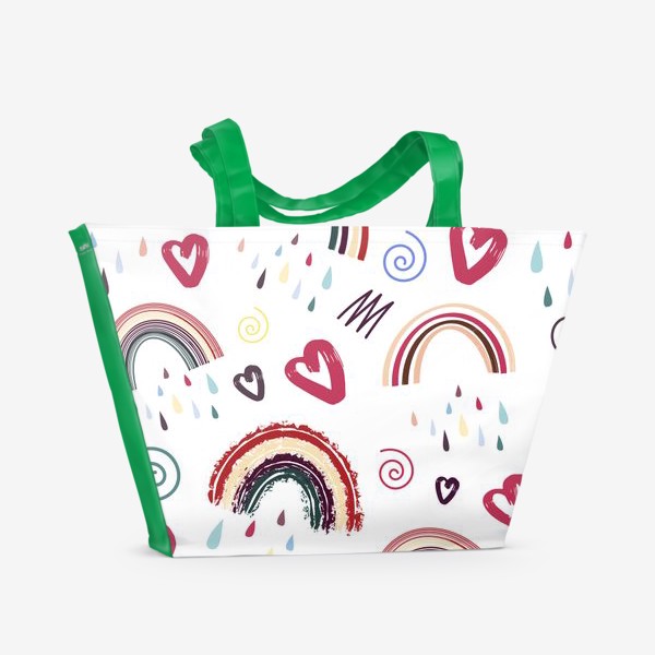 Пляжная сумка «Радуга и капли дождя, сердечки и спиральки. Милый паттерн»