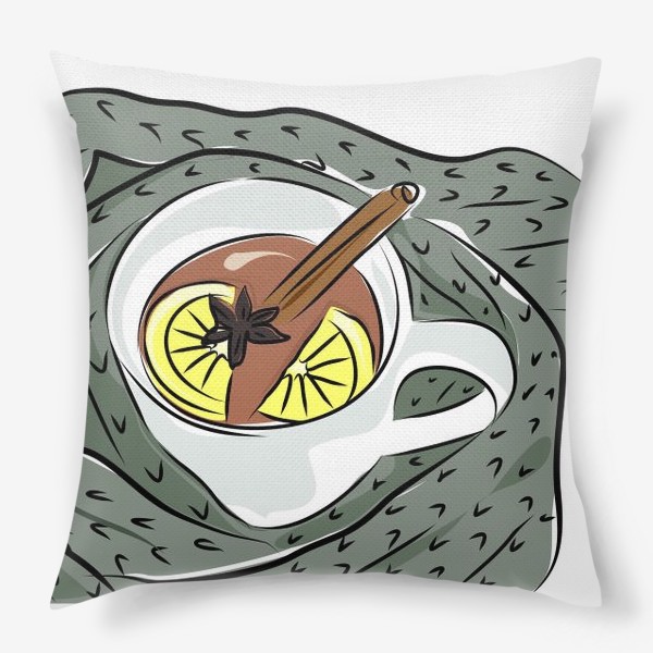 Подушка «Чашка чая с лимоном и корицей в теплом шерстяном шарфе»