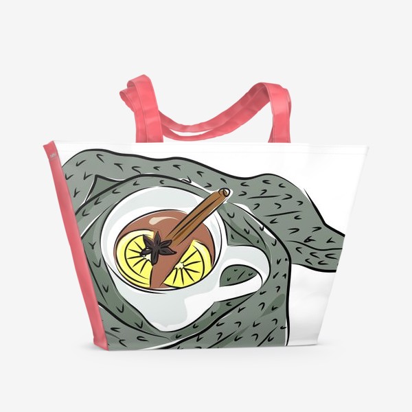 Пляжная сумка «Чашка чая с лимоном и корицей в теплом шерстяном шарфе»
