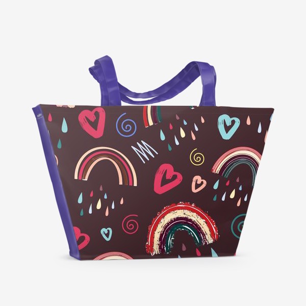 Пляжная сумка «Сердечки, радуга, капли дождя и спиральки. Симпатичный узор ко Дню Святого Валентина »