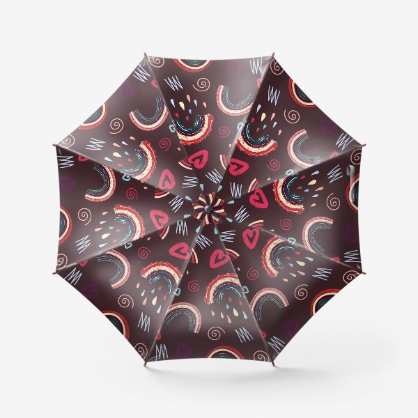 Зонт «Сердечки, радуга, капли дождя и спиральки. Симпатичный узор ко Дню Святого Валентина »