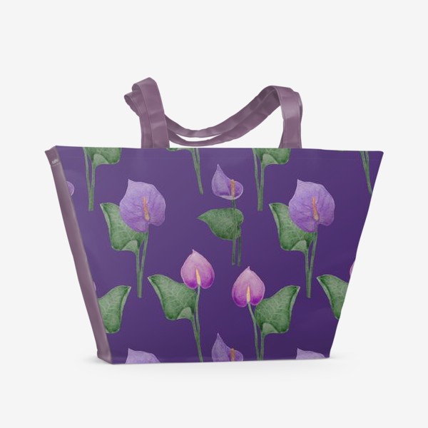Пляжная сумка «Антуриумы на фиолетовом фоне»
