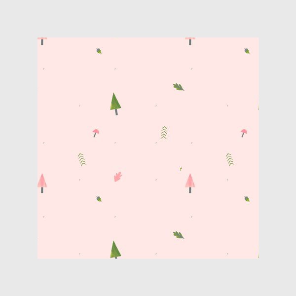 Скатерть «Лес на розовом (паттерн, елки, листья, грибы, желуди)»