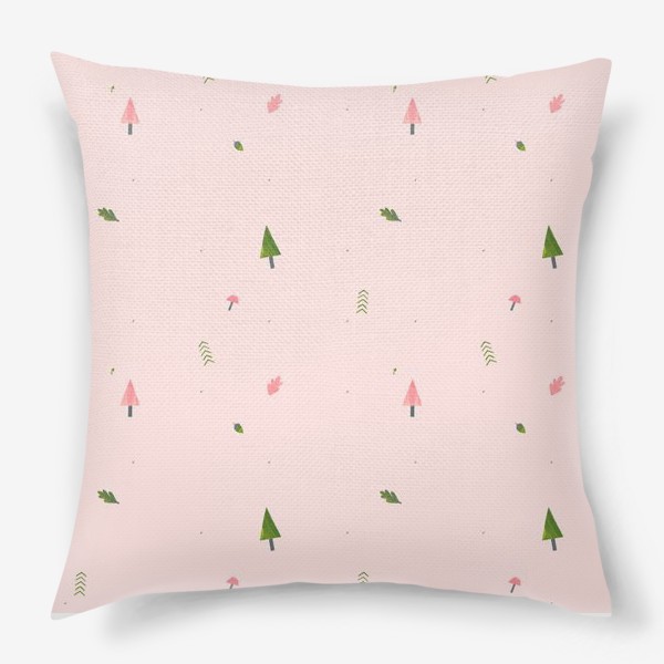 Подушка «Лес на розовом (паттерн, елки, листья, грибы, желуди)»