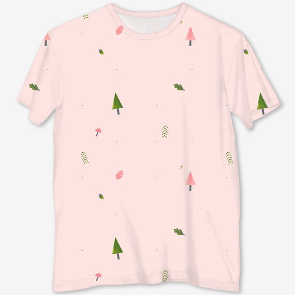 Футболка с полной запечаткой «Лес на розовом (паттерн, елки, листья, грибы, желуди)»