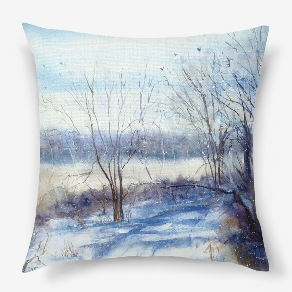 Подушка «Акварельный пейзаж, зима.»