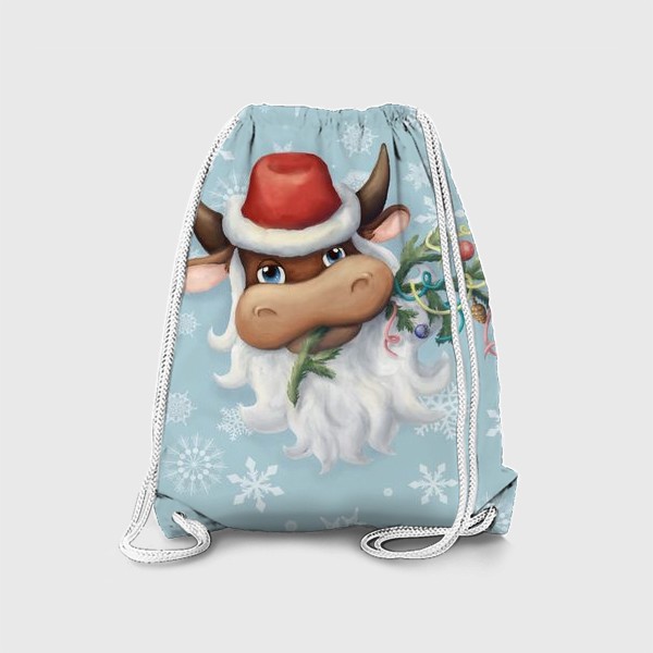Рюкзак «Весёлый новогодний бычок в шапке Деда Мороза с еловой веткой и новогодними игрушками (на фоне со снежинками)»
