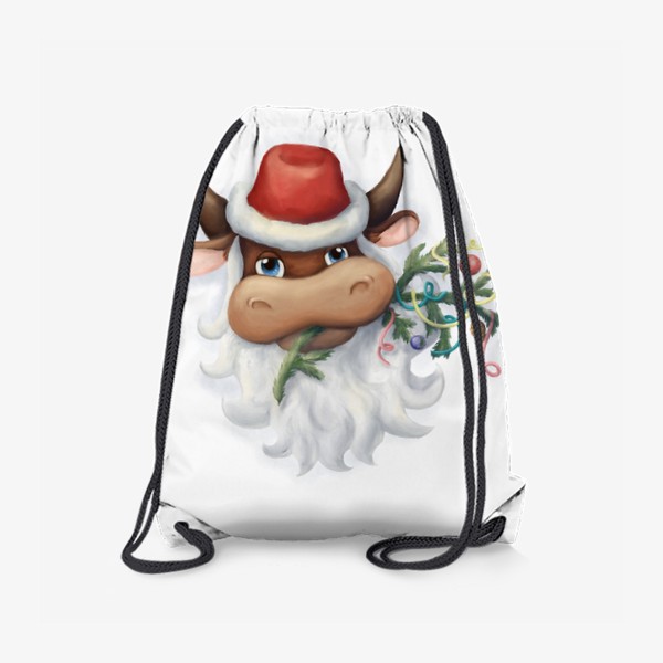 Рюкзак «Новогодний бычок в шапке Деда Мороза с еловой веткой и ёлочными игрушками (на белом фоне)»