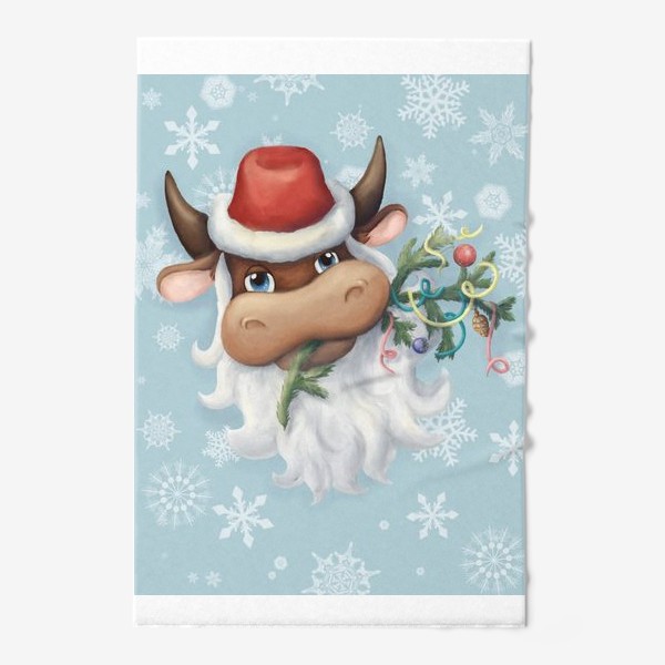 Полотенце &laquo;Весёлый новогодний бычок в шапке Деда Мороза с еловой веткой и новогодними игрушками (на фоне со снежинками)&raquo;