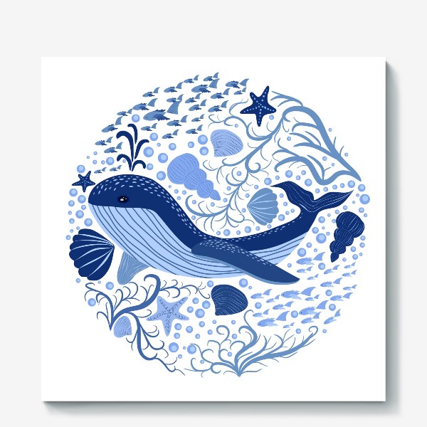 Холст «Милый кит в скандинавском стиле в окружении ракушек, рыб, водорослей»