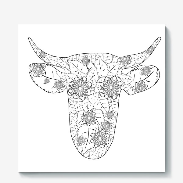 Холст «Голова коровы зентангл с цветами, раскраска»