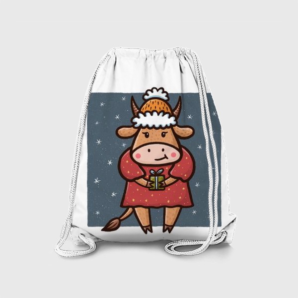 Рюкзак «Милая корова с подарком на белом фоне. Новый год 2021»