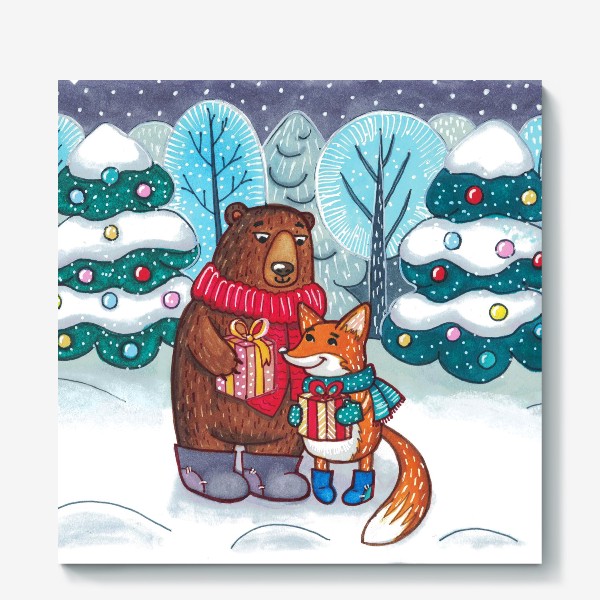 Холст &laquo;Милый новогодний принт: мишка и лисичка дарят друг другу подарки&raquo;