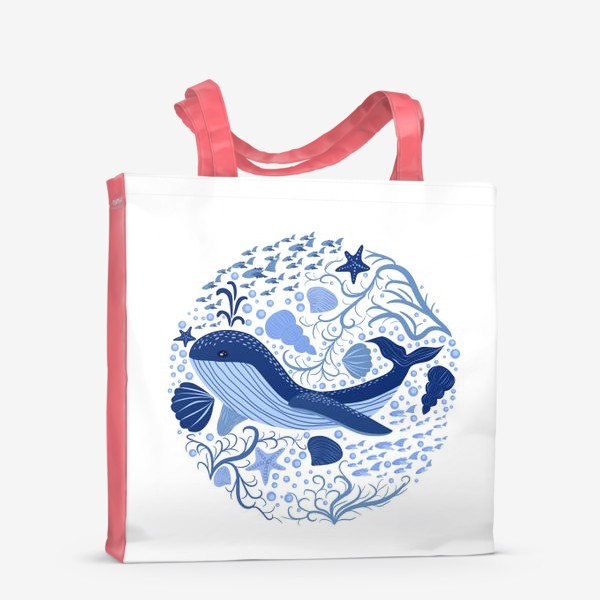 Сумка-шоппер «Милый кит в скандинавском стиле в окружении ракушек, рыб, водорослей»