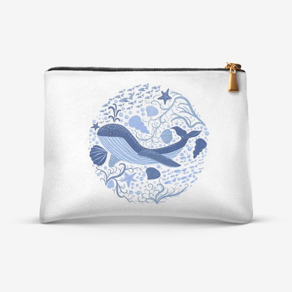 Косметичка «Милый кит в скандинавском стиле в окружении ракушек, рыб, водорослей»