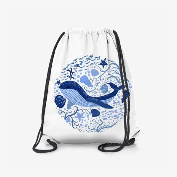 Рюкзак «Милый кит в скандинавском стиле в окружении ракушек, рыб, водорослей»