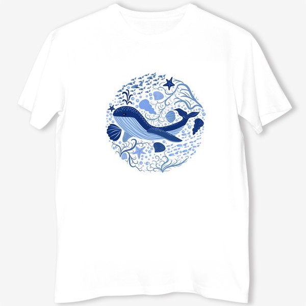 Футболка «Милый кит в скандинавском стиле в окружении ракушек, рыб, водорослей»